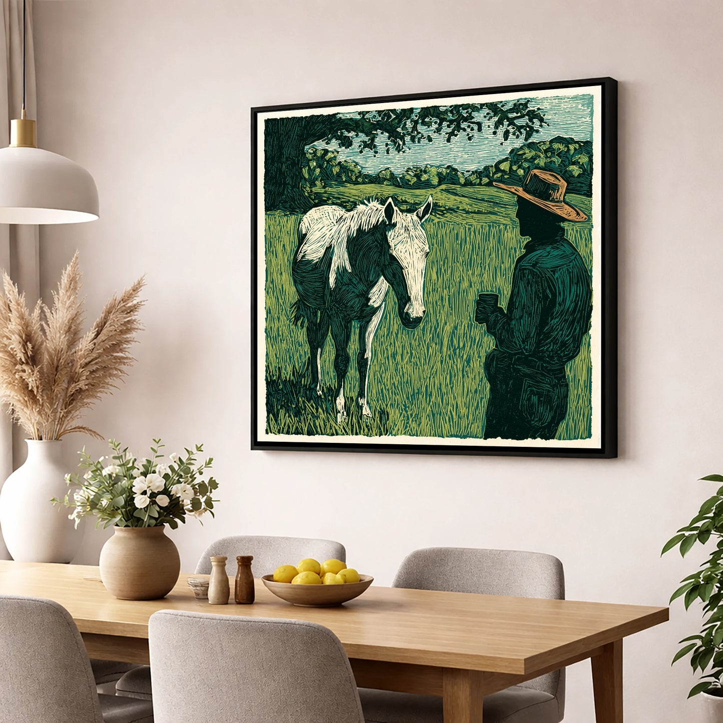 Morning Field Companion horse & rider wall art displayed in a dining room