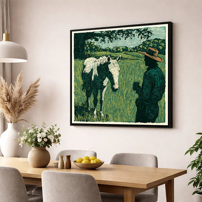 Morning Field Companion horse & rider wall art displayed in a dining room