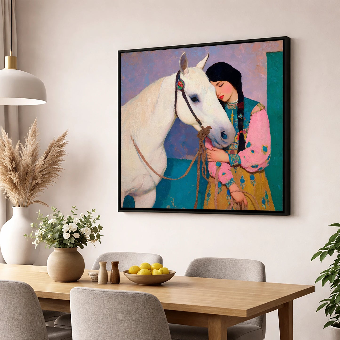 Quiet Devotion horse & rider wall art displayed in a dining room