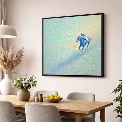 Luminous Racing Stride racing horse wall art displayed in a dining room