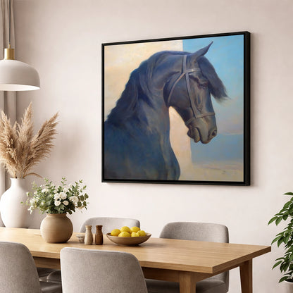 Noble Black Profile horse breed wall art displayed in a dining room