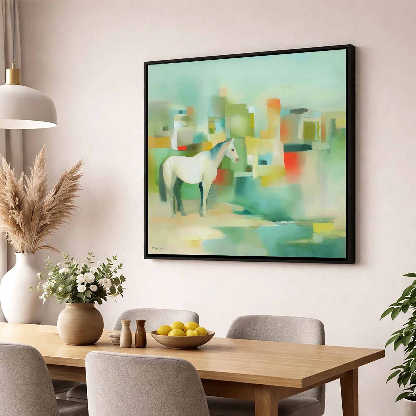 Abstract Urban Equine horse landscape wall art displayed in a dining room