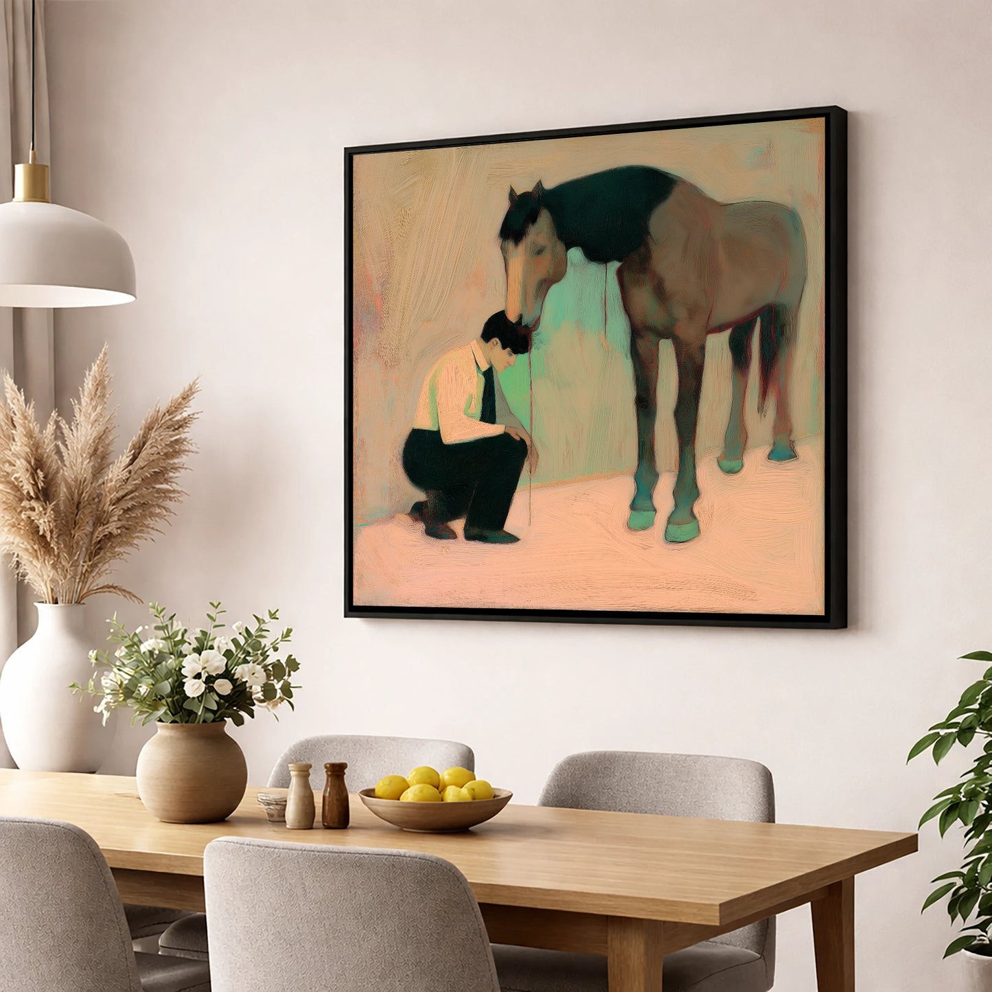 A Silent Understanding horse & rider wall art displayed in a dining room