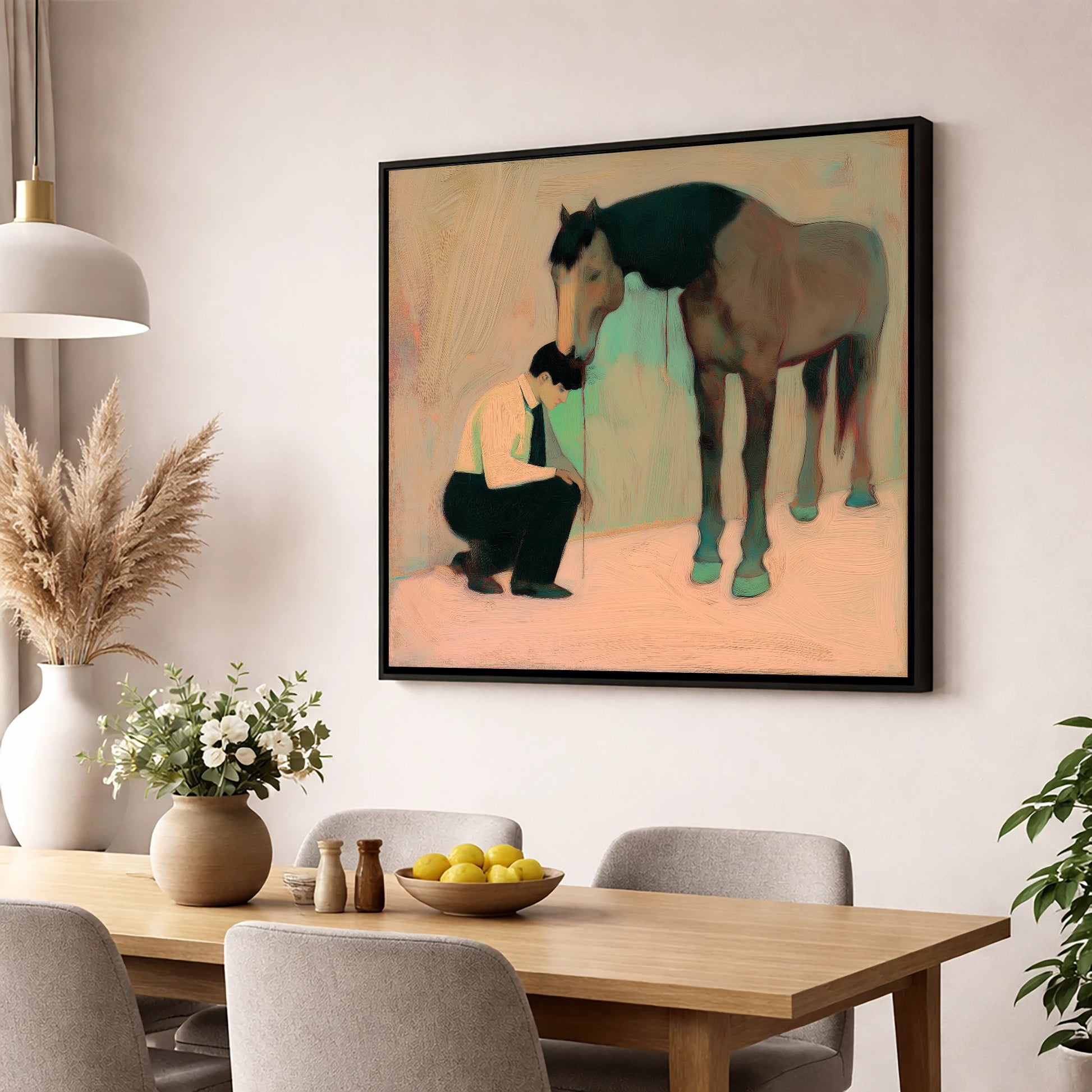 A Silent Understanding horse & rider wall art displayed in a dining room