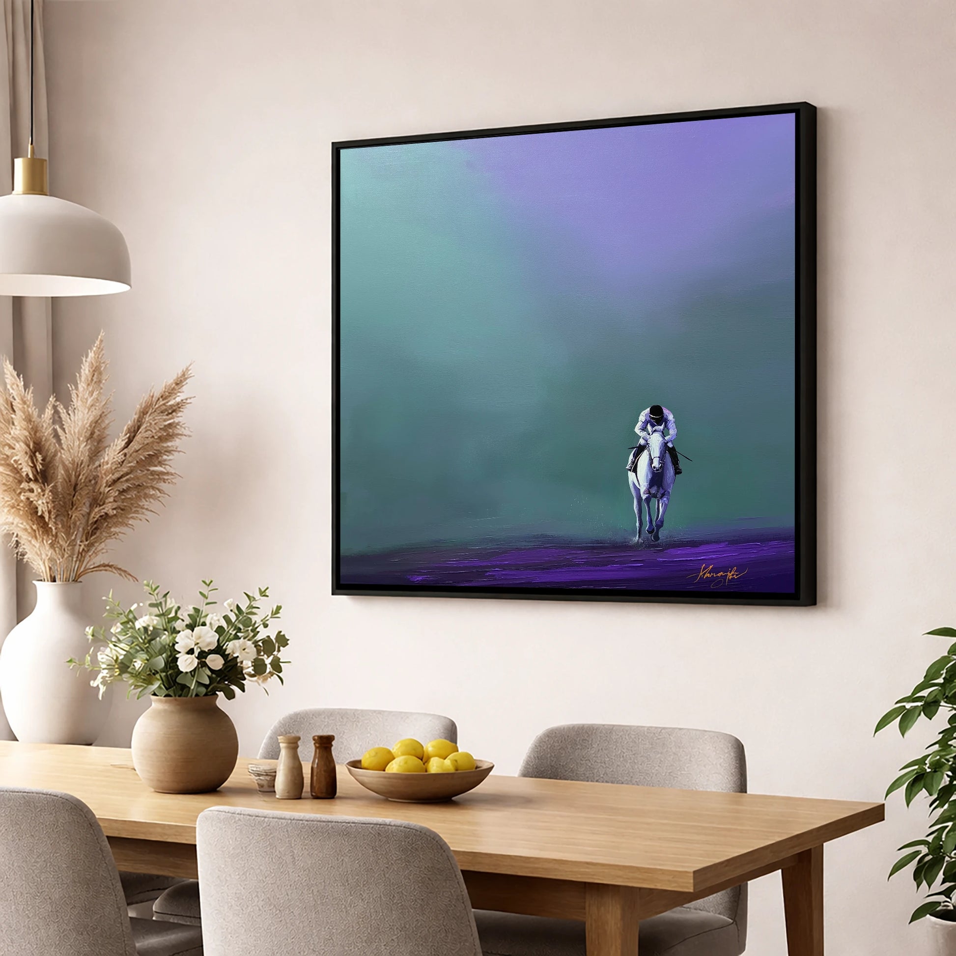 The Violet Furlong racing horse wall art displayed in a dining room
