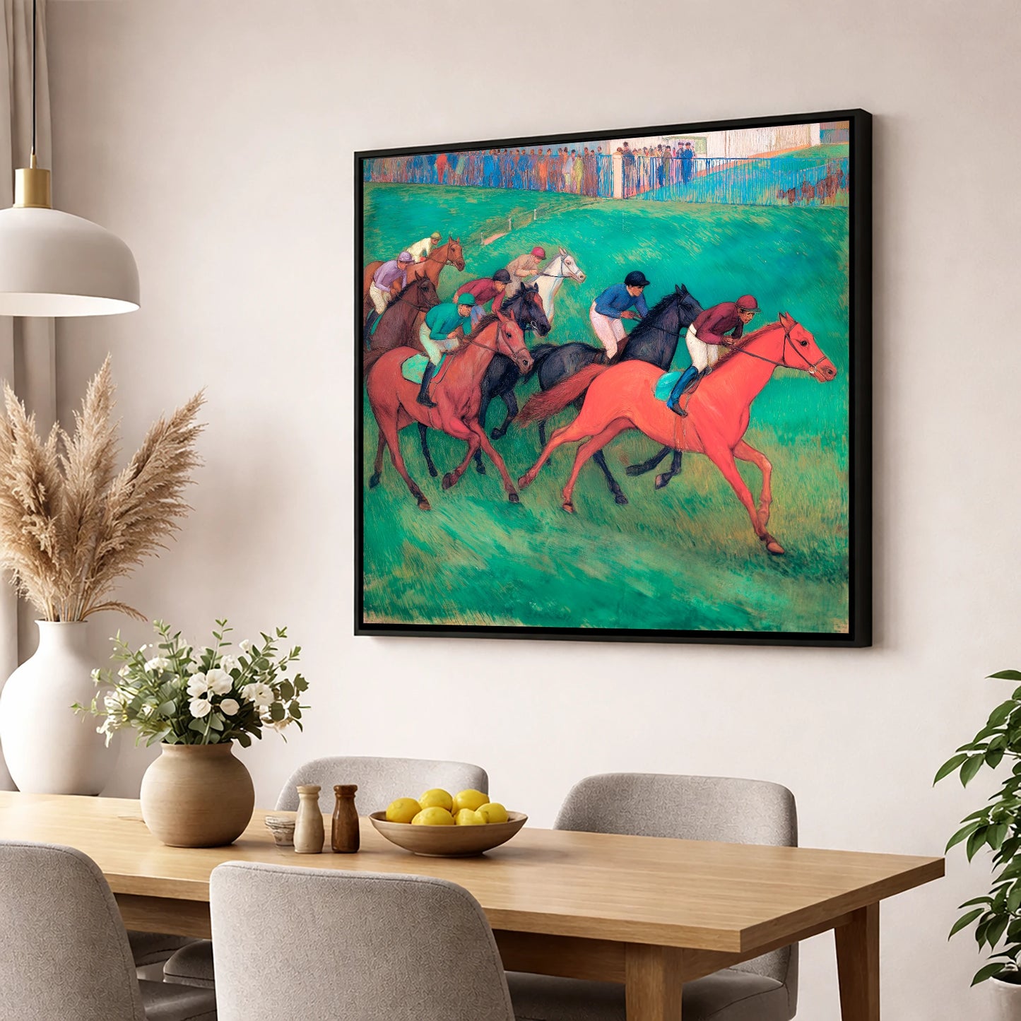 The Crimson Gallop racing horse wall art displayed in a dining room