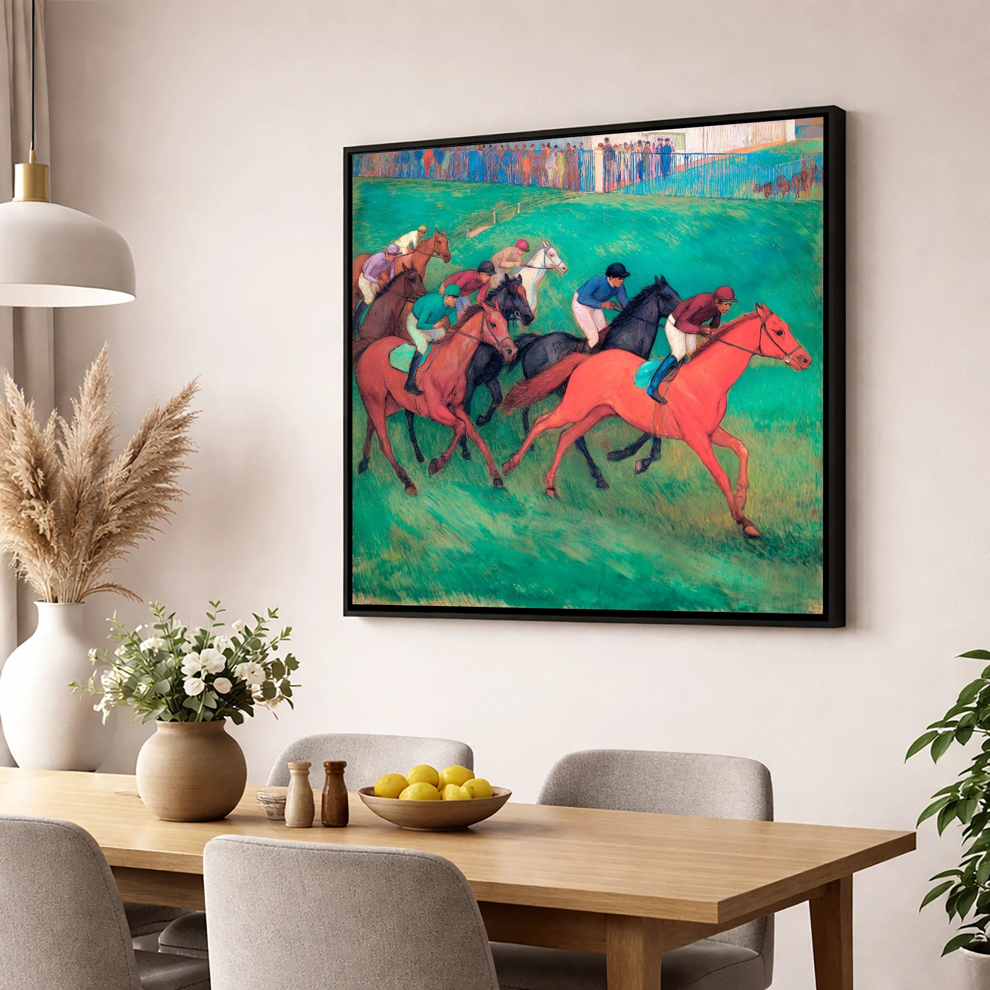 The Crimson Gallop racing horse wall art displayed in a dining room