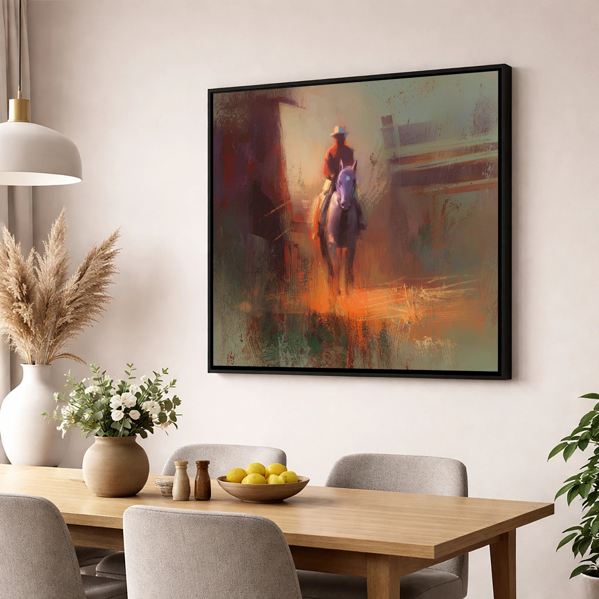 First Light Rider racing horse wall art displayed in a dining room