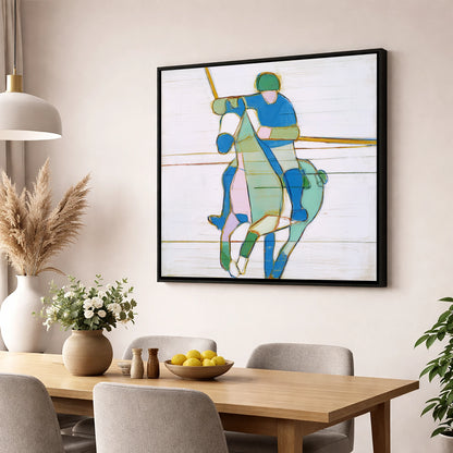 Azure Polo Rhythms polo horse wall art displayed in a dining room