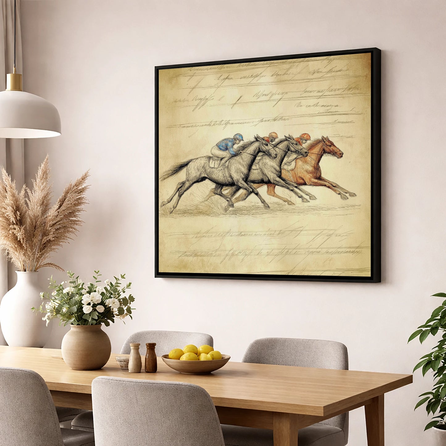 Vintage Thoroughbred Racing Study racing horse wall art displayed in a dining room