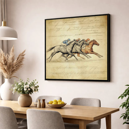 Vintage Thoroughbred Racing Study racing horse wall art displayed in a dining room