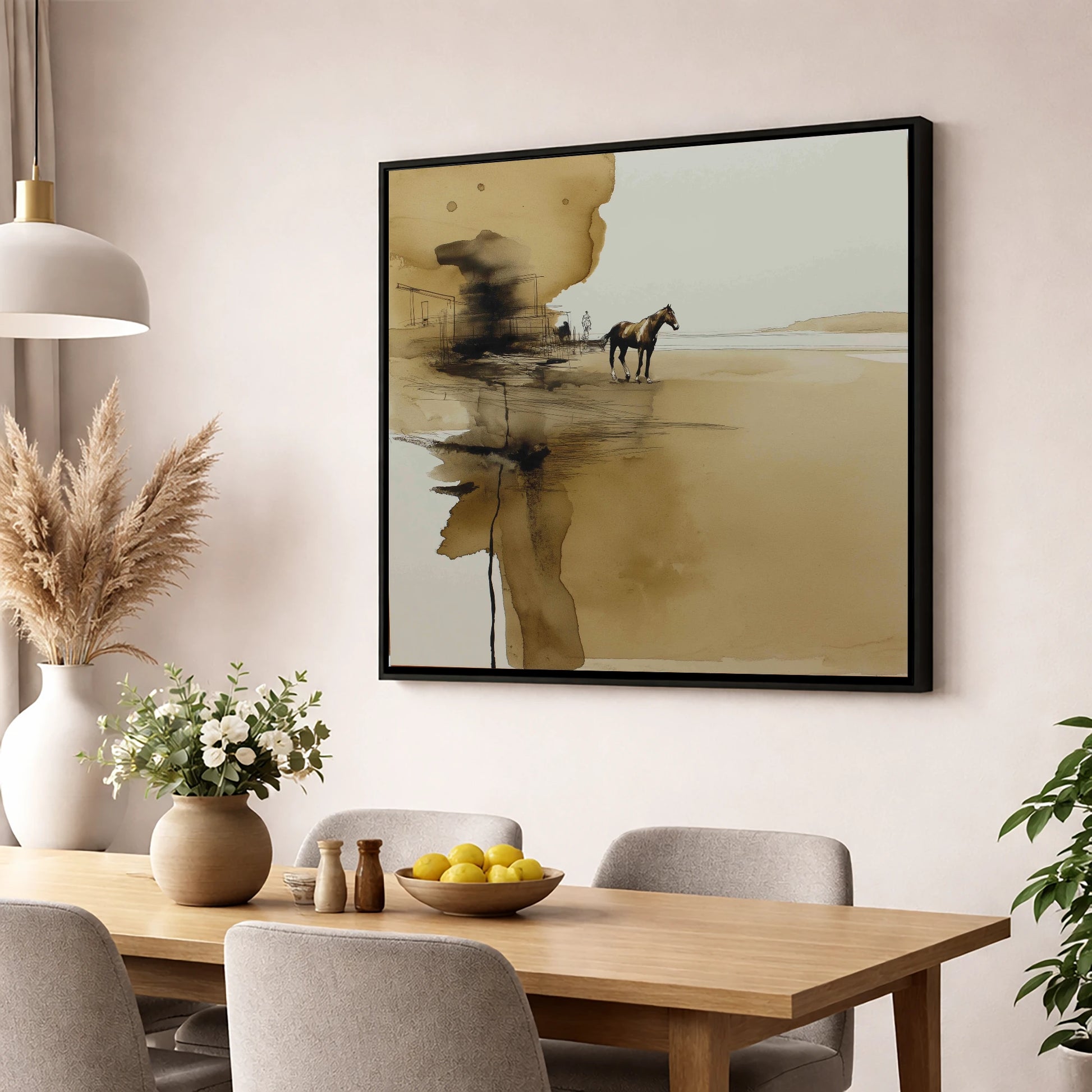 Sepia Solitude horse landscape wall art displayed in a dining room