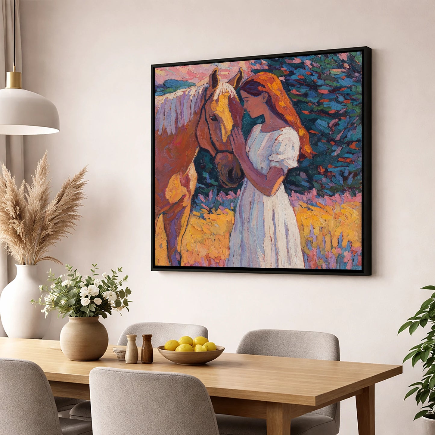 A Quiet Connection horse & rider wall art displayed in a dining room