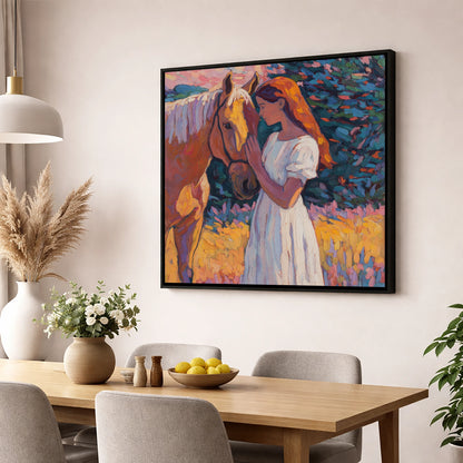 A Quiet Connection horse & rider wall art displayed in a dining room