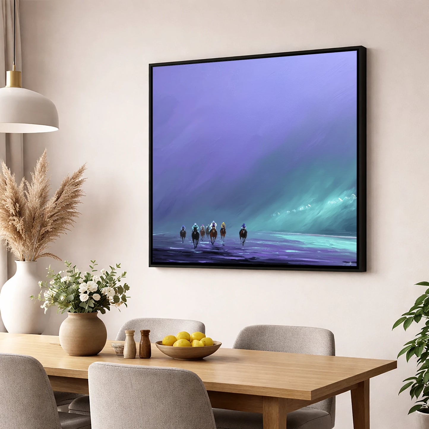 The Violet Furlong racing horse wall art displayed in a dining room