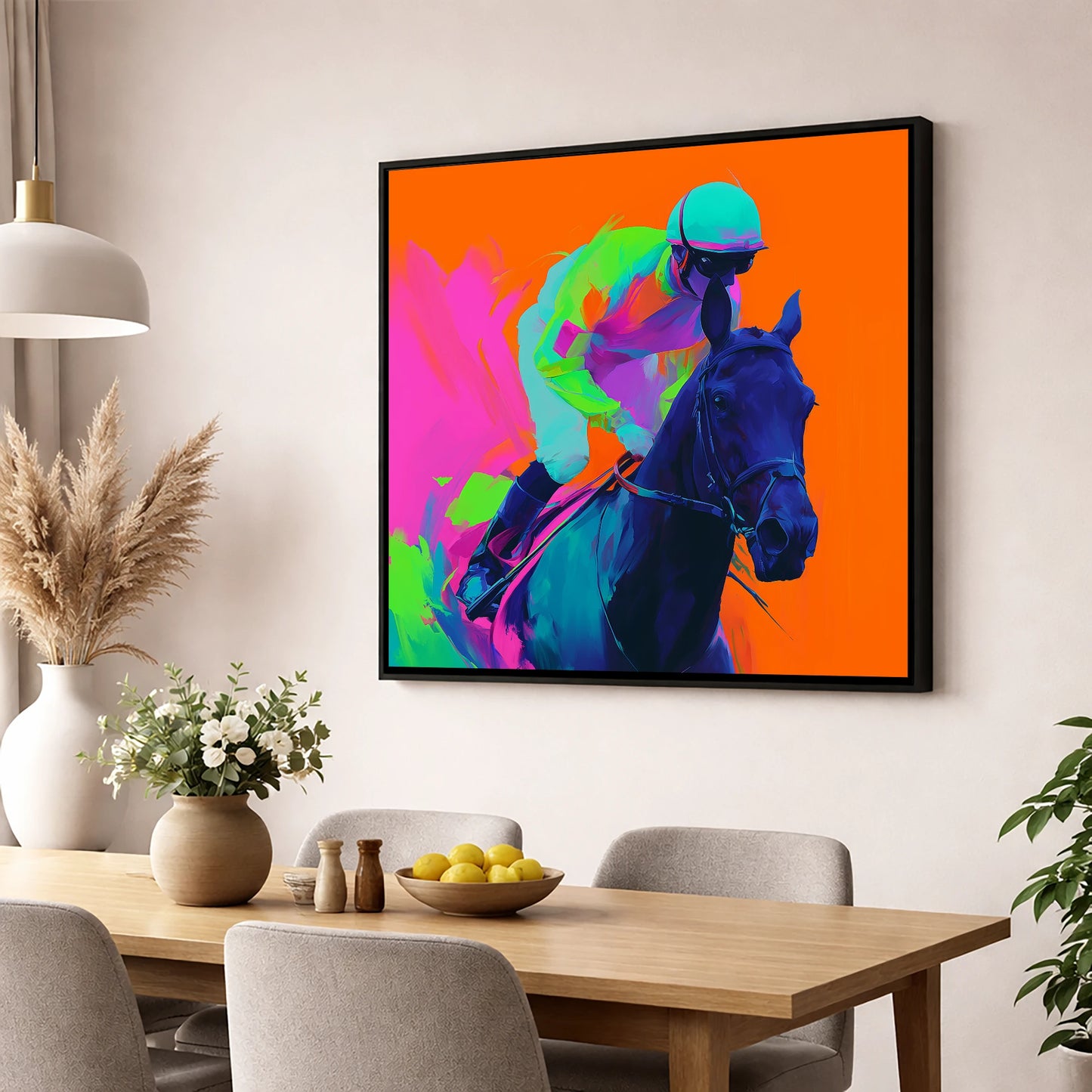 Velocity in Colour racing horse wall art displayed in a dining room
