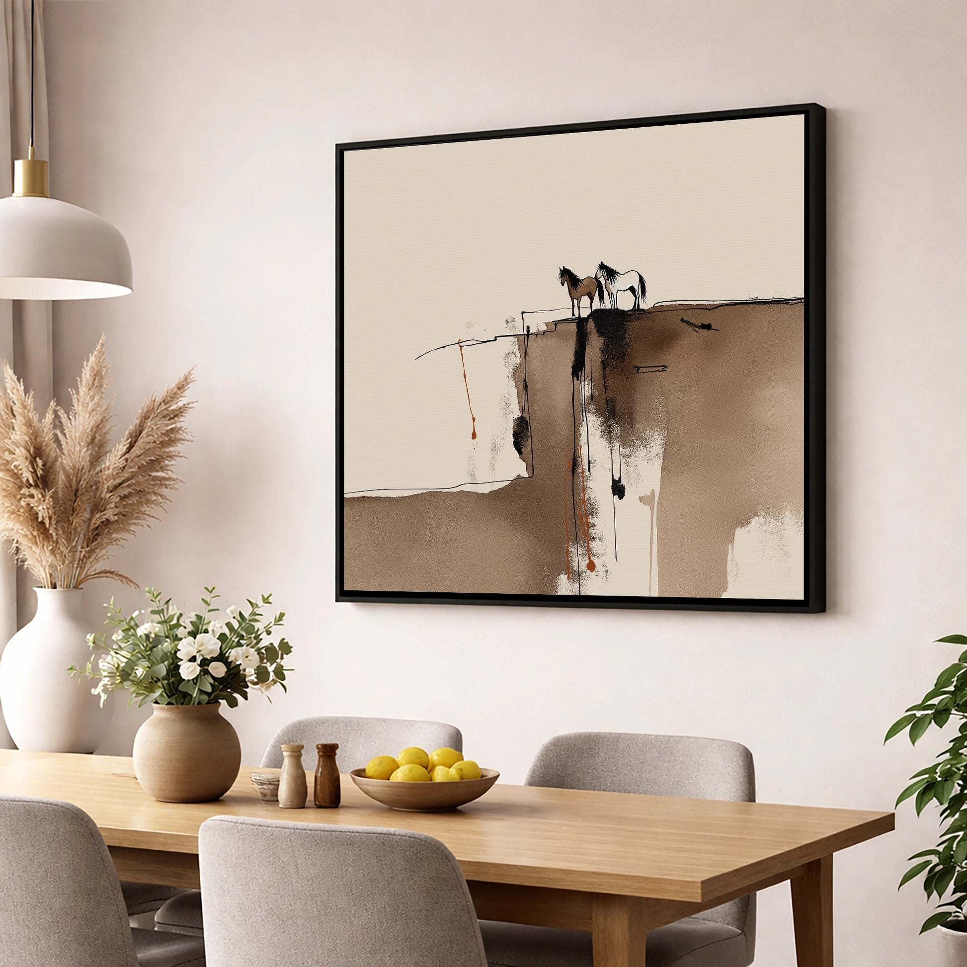 Horizon Companions wild horses wall art displayed in a dining room