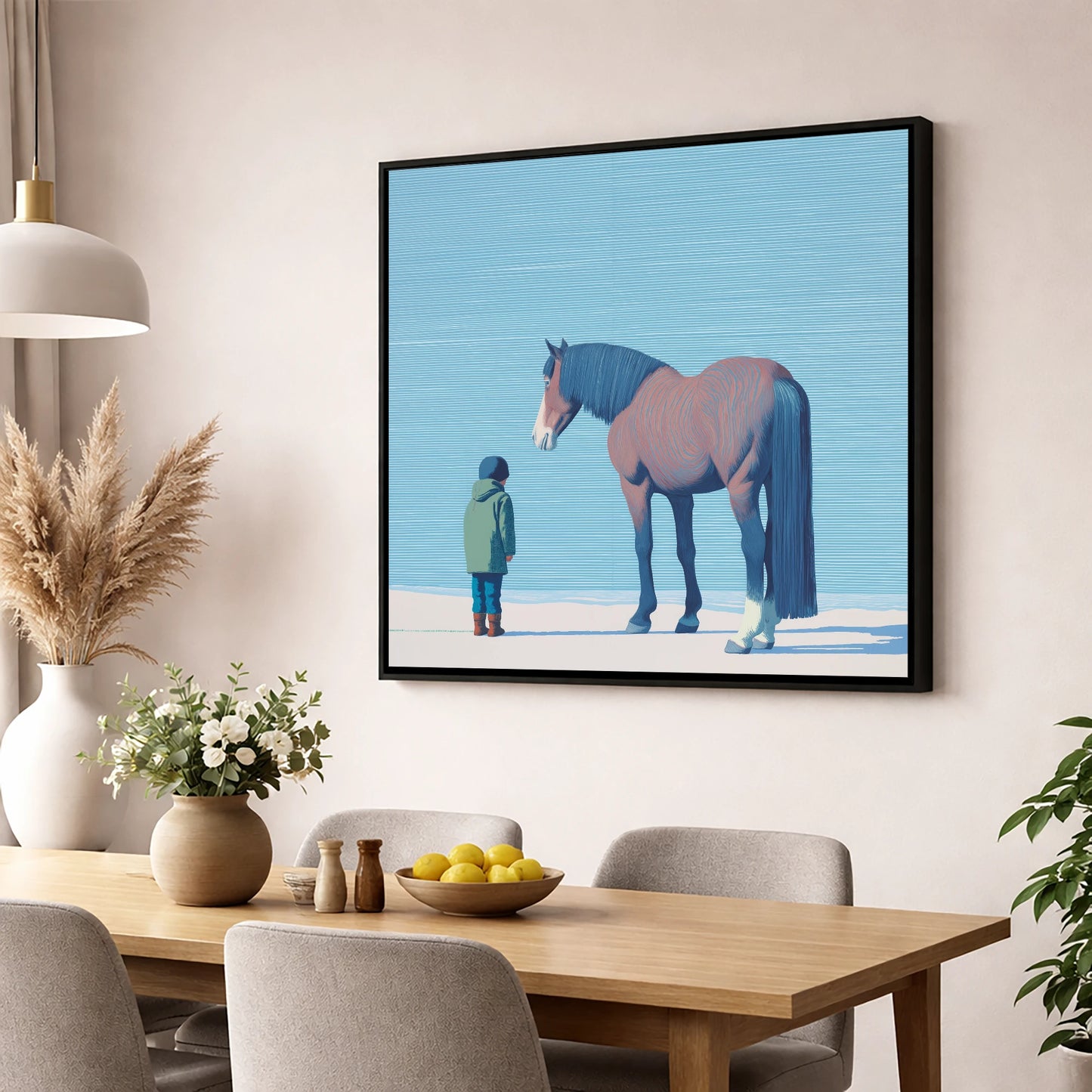 A Quiet Understanding horse & rider wall art displayed in a dining room