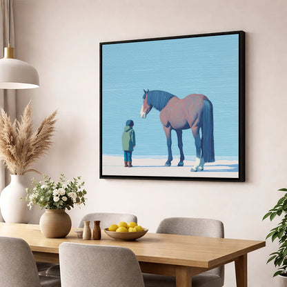 A Quiet Understanding horse & rider wall art displayed in a dining room
