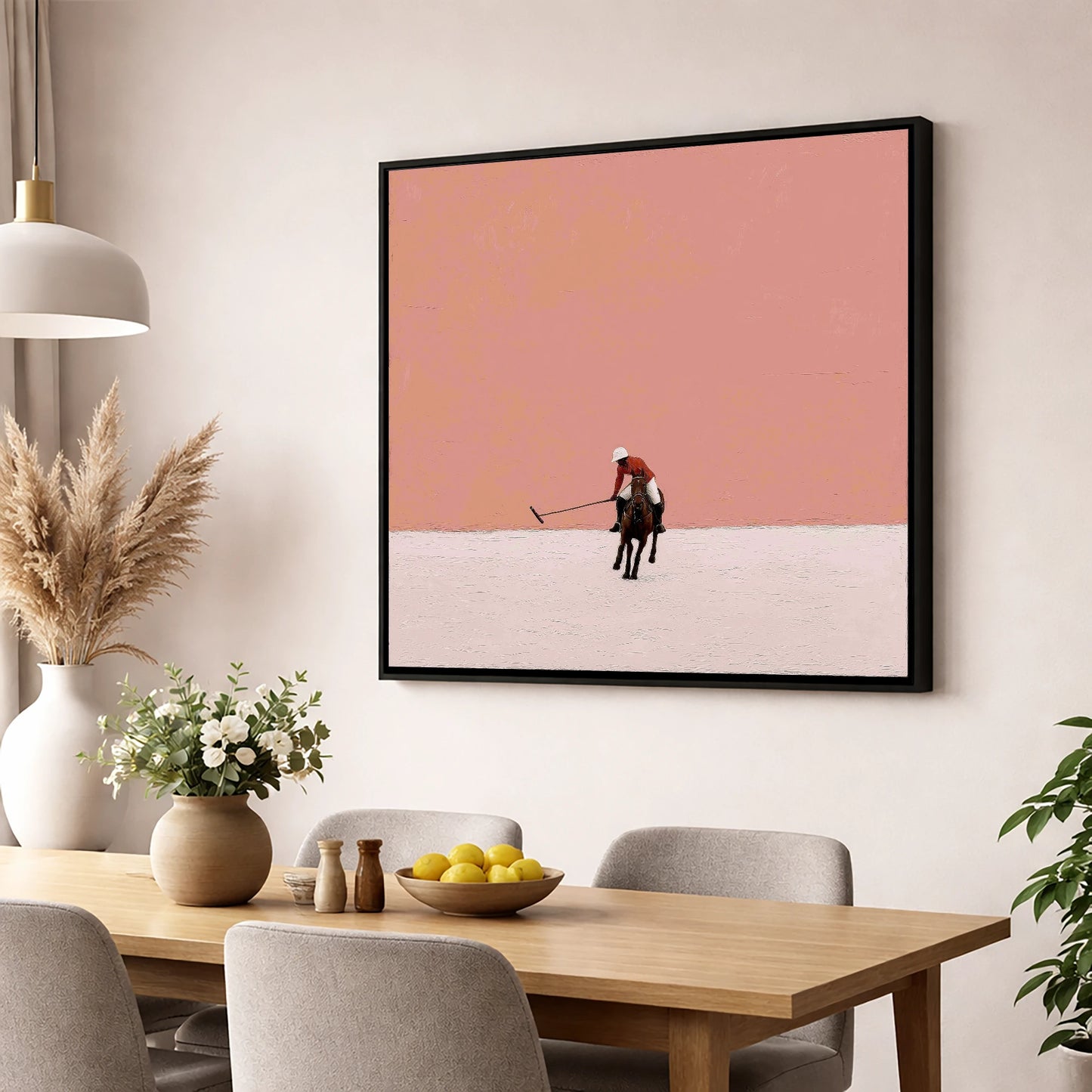 Rose Horizon Polo polo horse wall art displayed in a dining room