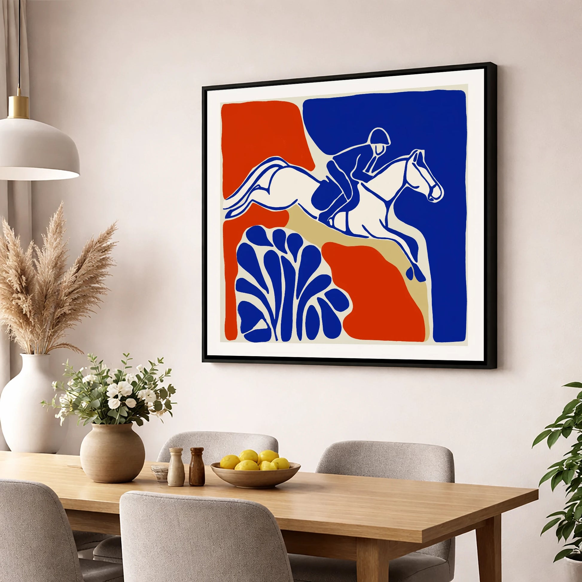 Cobalt Leap show jumping horse wall art displayed in a dining room
