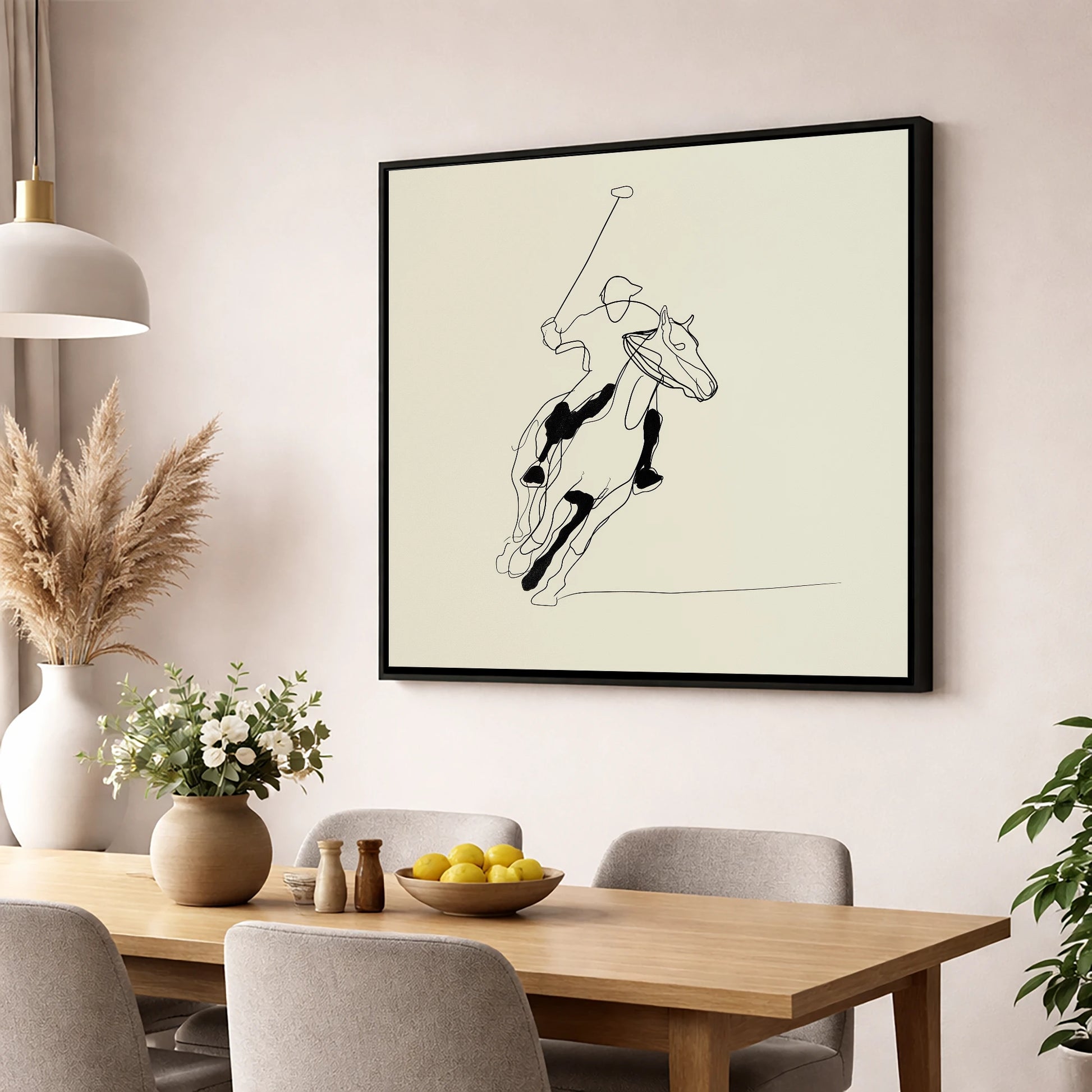 Fluidity of the Chukka polo horse wall art displayed in a dining room