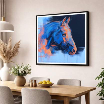 Expressive Cobalt Profile horse portrait wall art displayed in a dining room