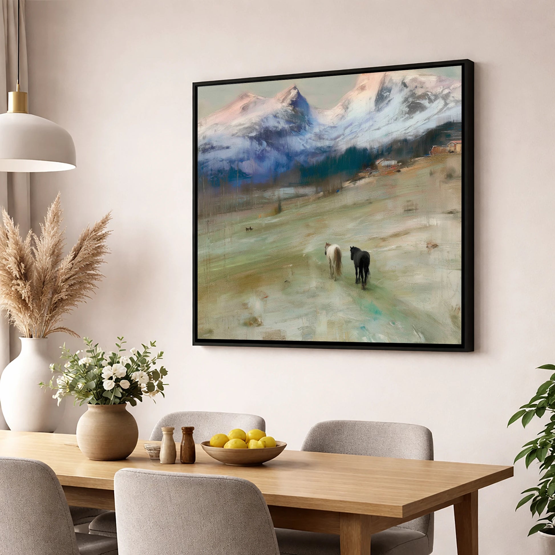 Journey to the Foothills horse landscape wall art displayed in a dining room