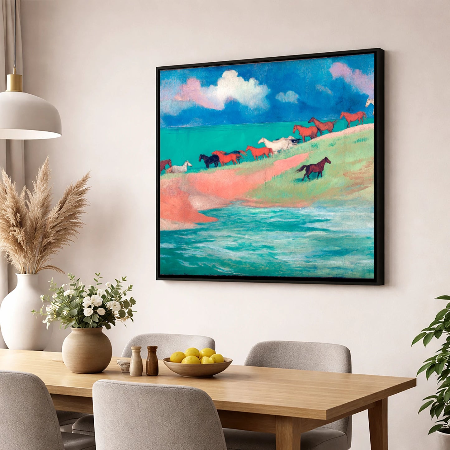 Spirited Coastal Herd wild horses wall art displayed in a dining room