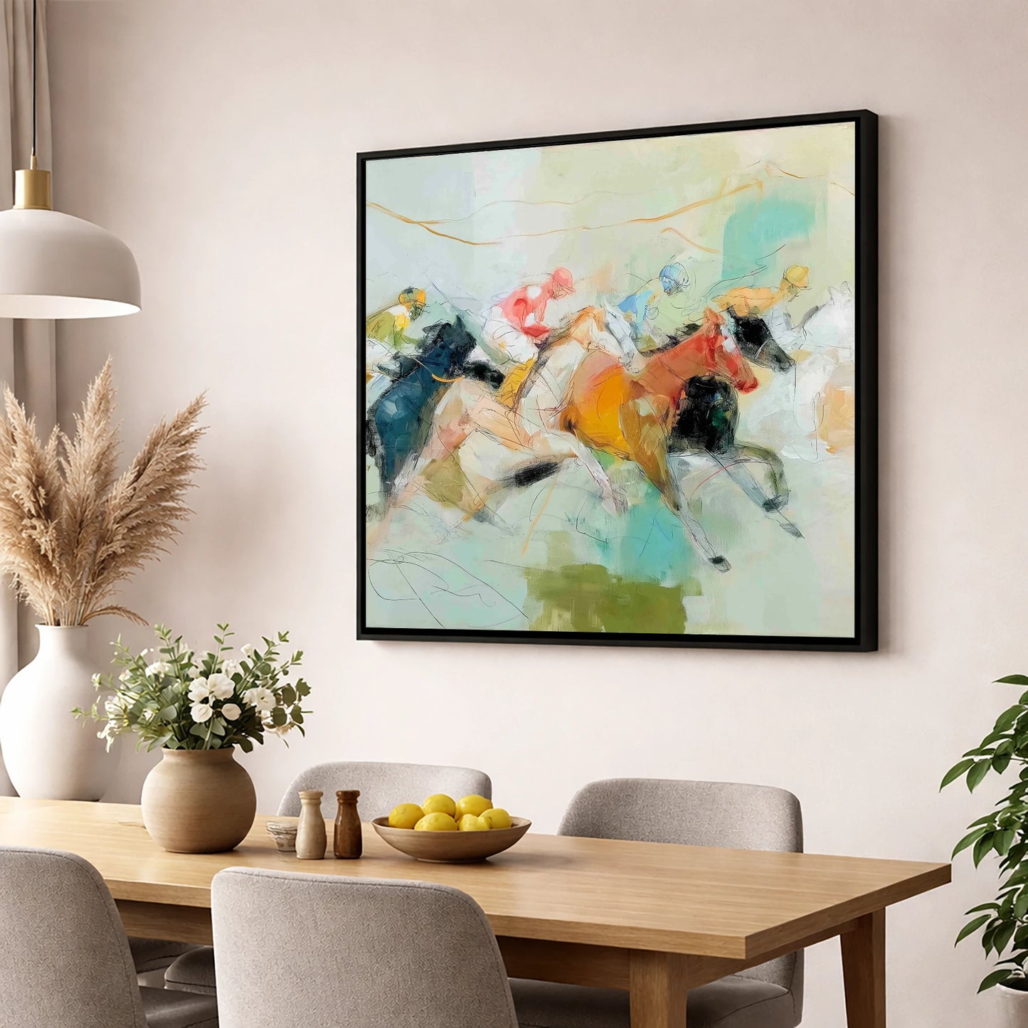 Rush to the Line racing horse wall art displayed in a dining room