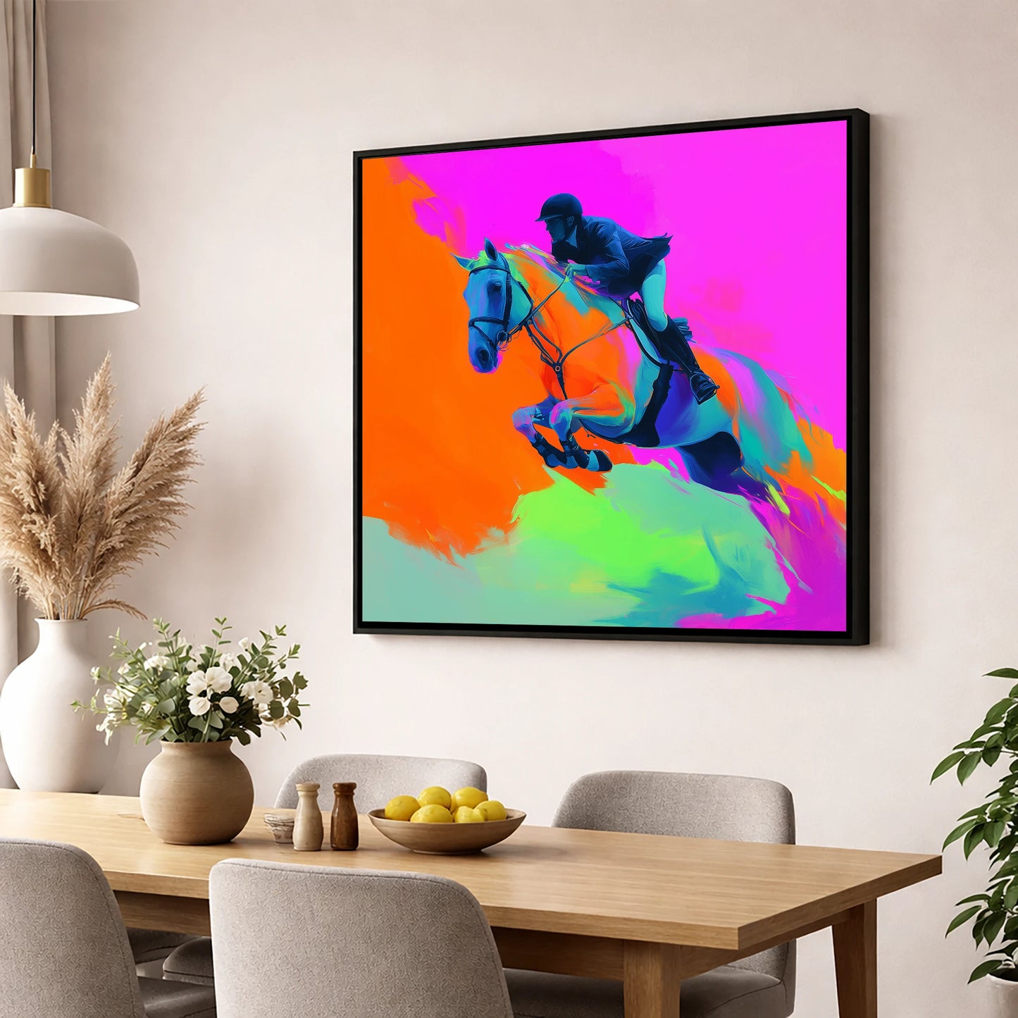 Technicolour Flight show jumping horse wall art displayed in a dining room