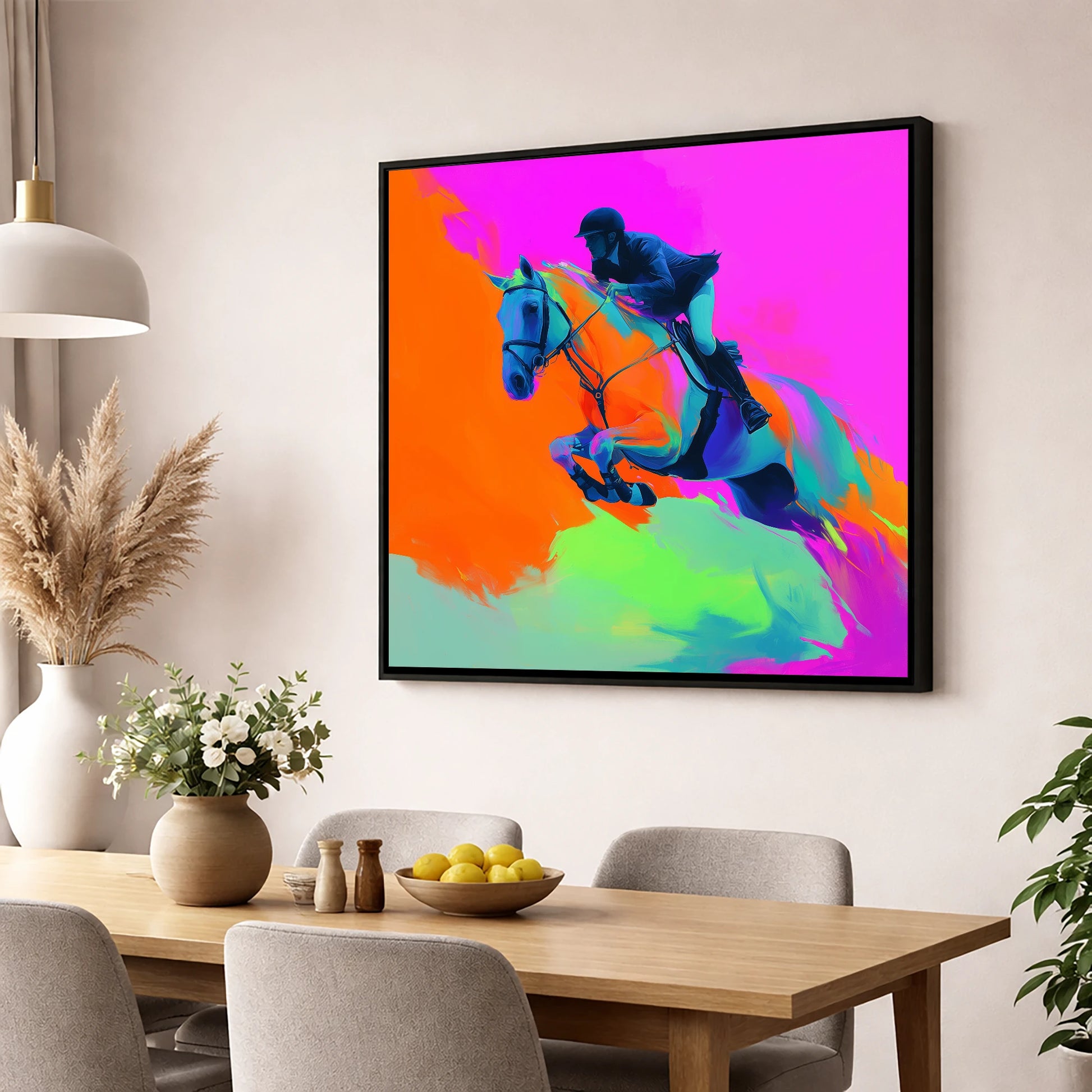 Technicolour Flight show jumping horse wall art displayed in a dining room