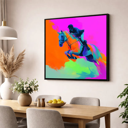 Technicolour Flight show jumping horse wall art displayed in a dining room