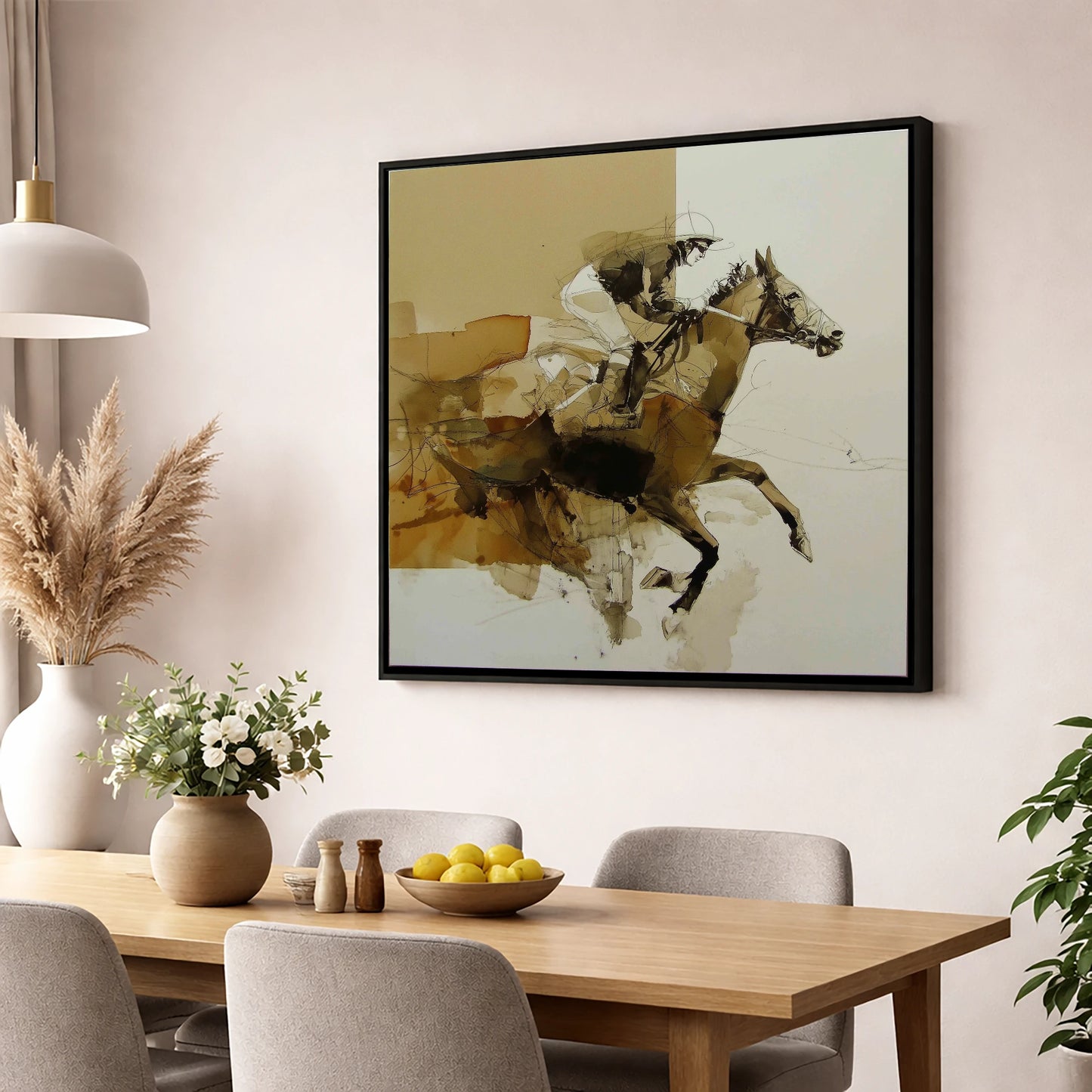 The Full Stretch racing horse wall art displayed in a dining room
