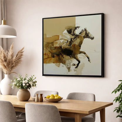 The Full Stretch racing horse wall art displayed in a dining room