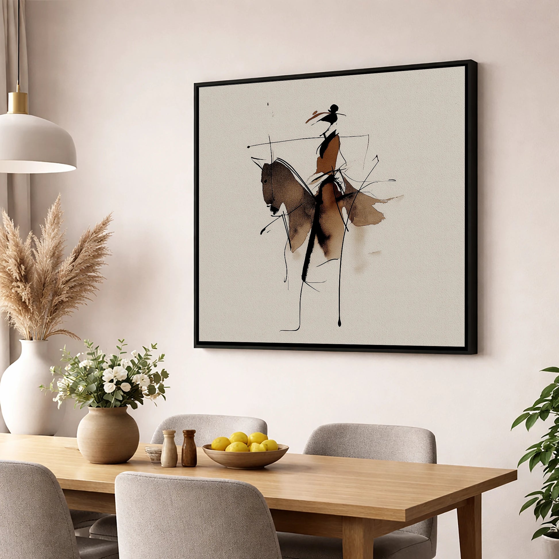 Abstract Sepia Rider horse & rider wall art displayed in a dining room