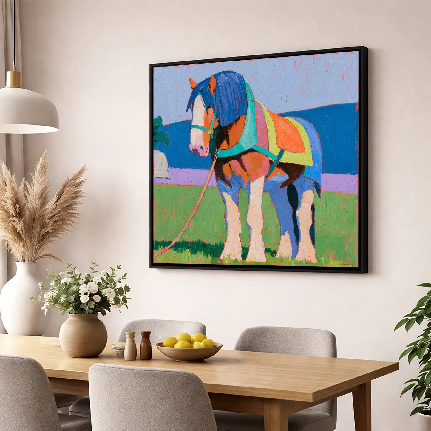 Colourful Heavy Horse In Harness horse breed wall art displayed in a dining room