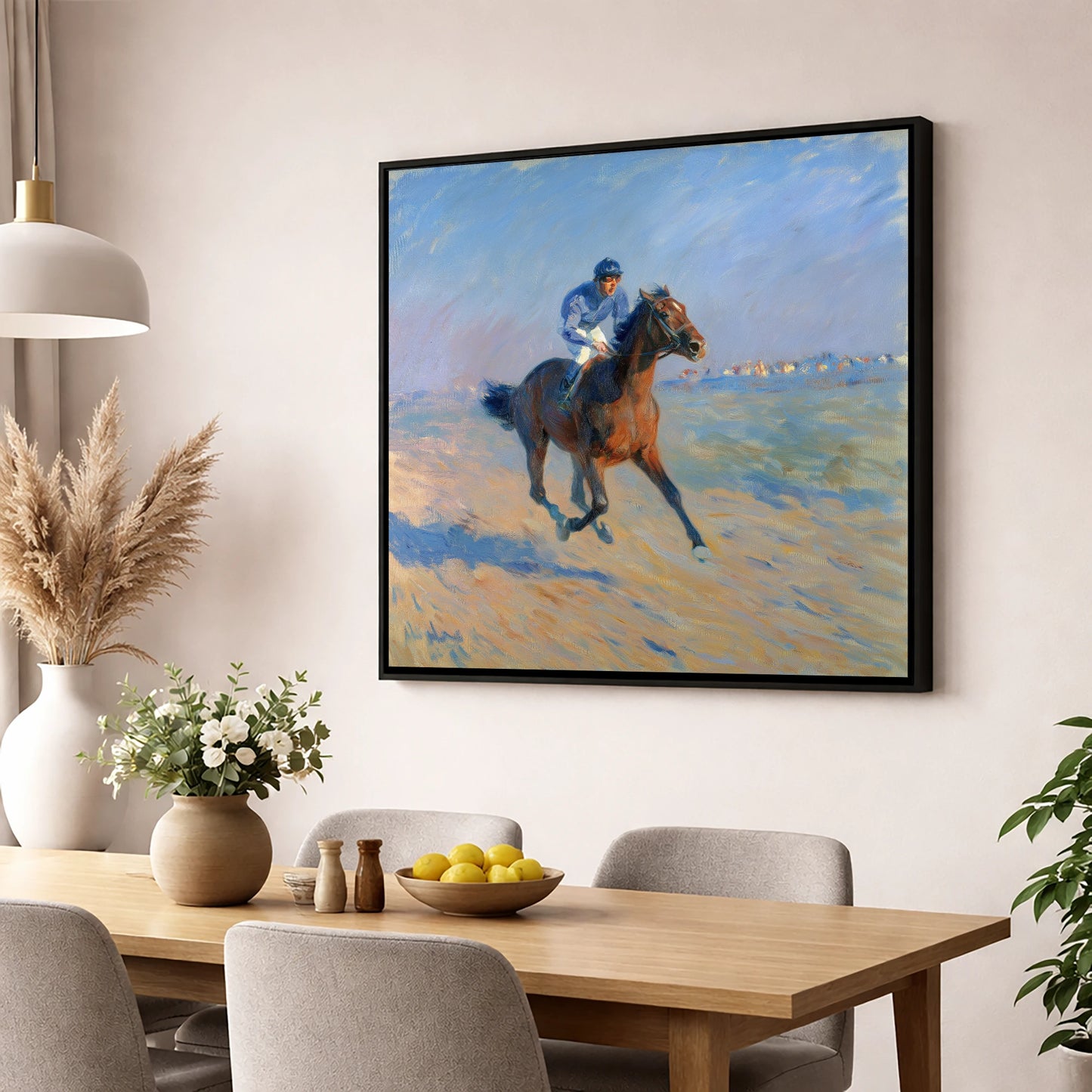 The Morning Gallop racing horse wall art displayed in a dining room
