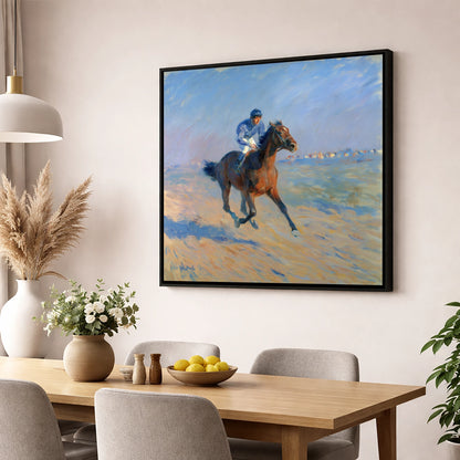 The Morning Gallop racing horse wall art displayed in a dining room