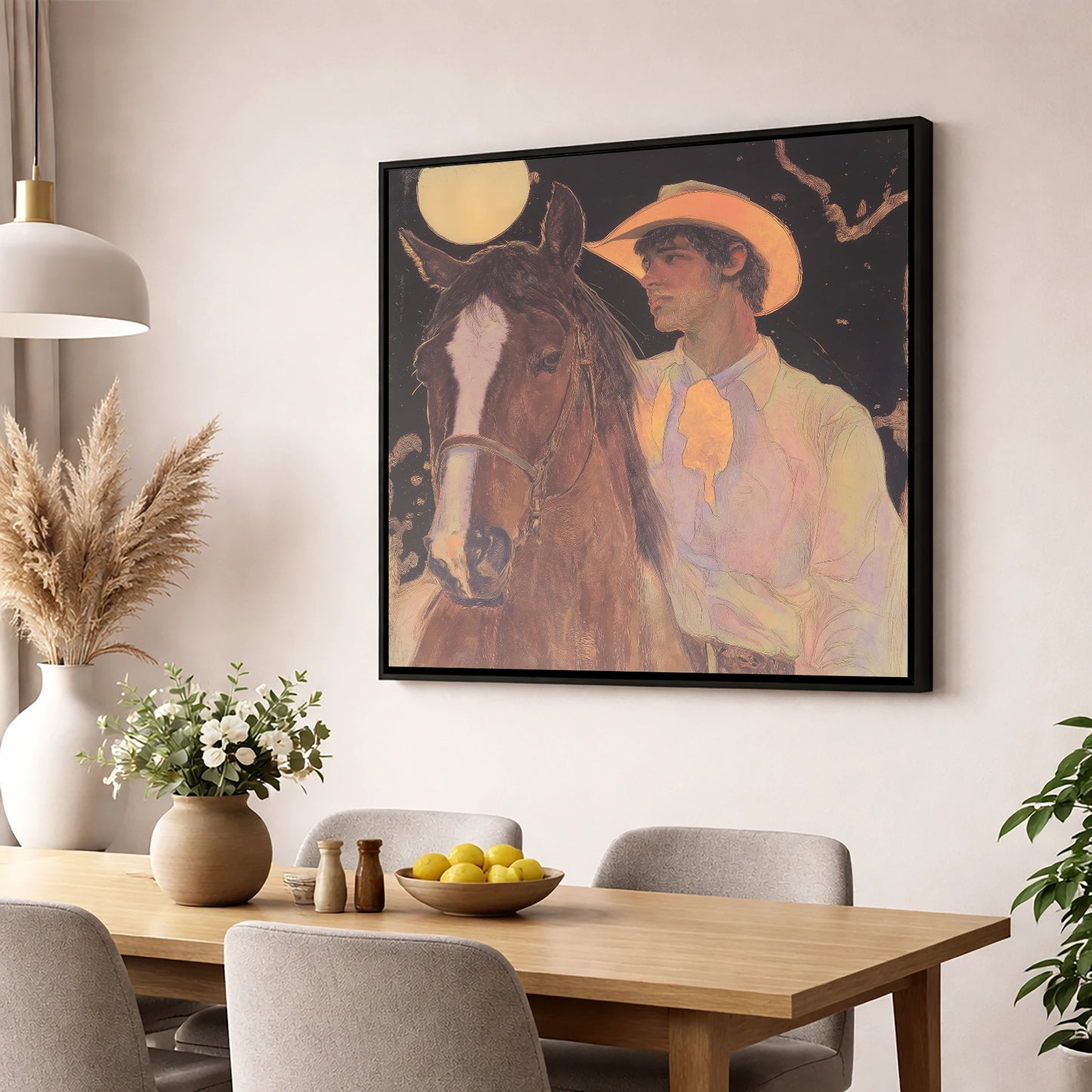 Under the Prairie Moon western horse wall art displayed in a dining room