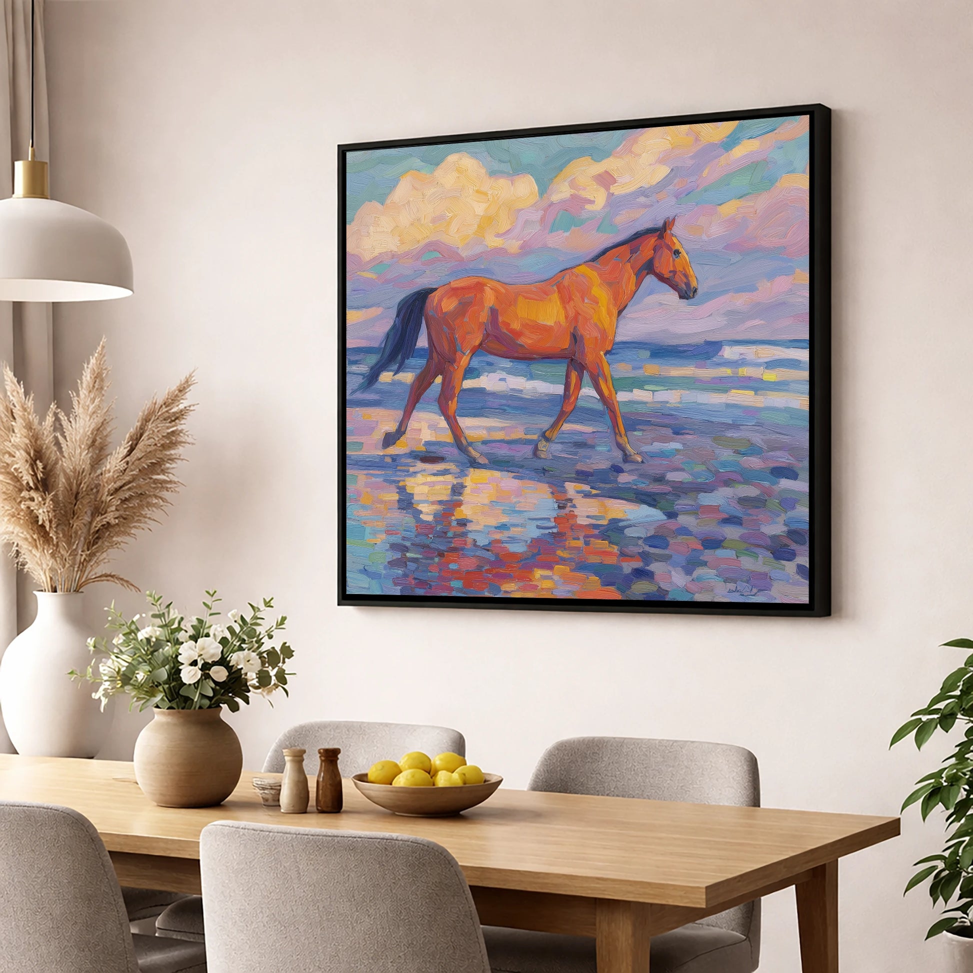 Vibrant Coastal Stroll horse landscape wall art displayed in a dining room
