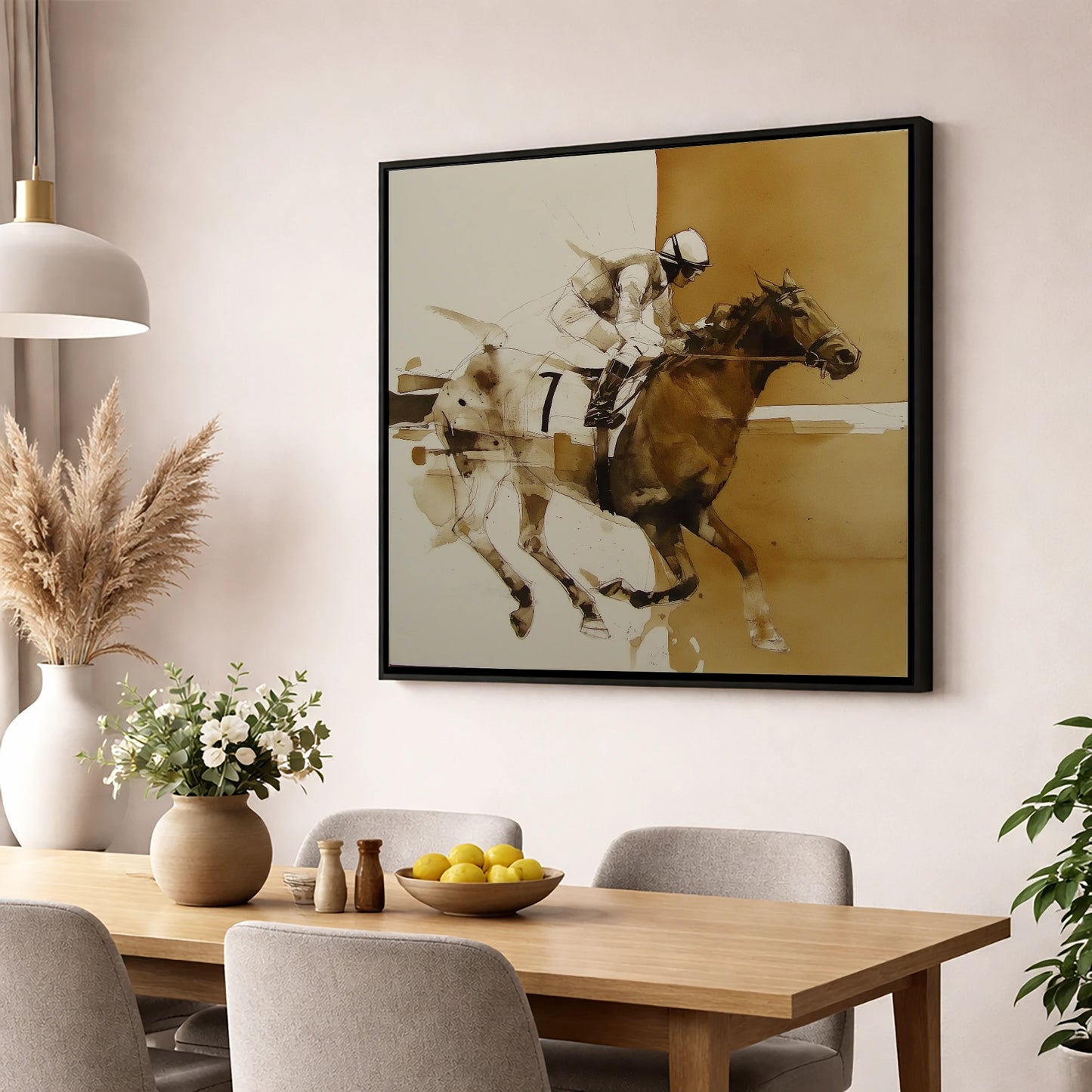 Sepia Racing Stride racing horse wall art displayed in a dining room