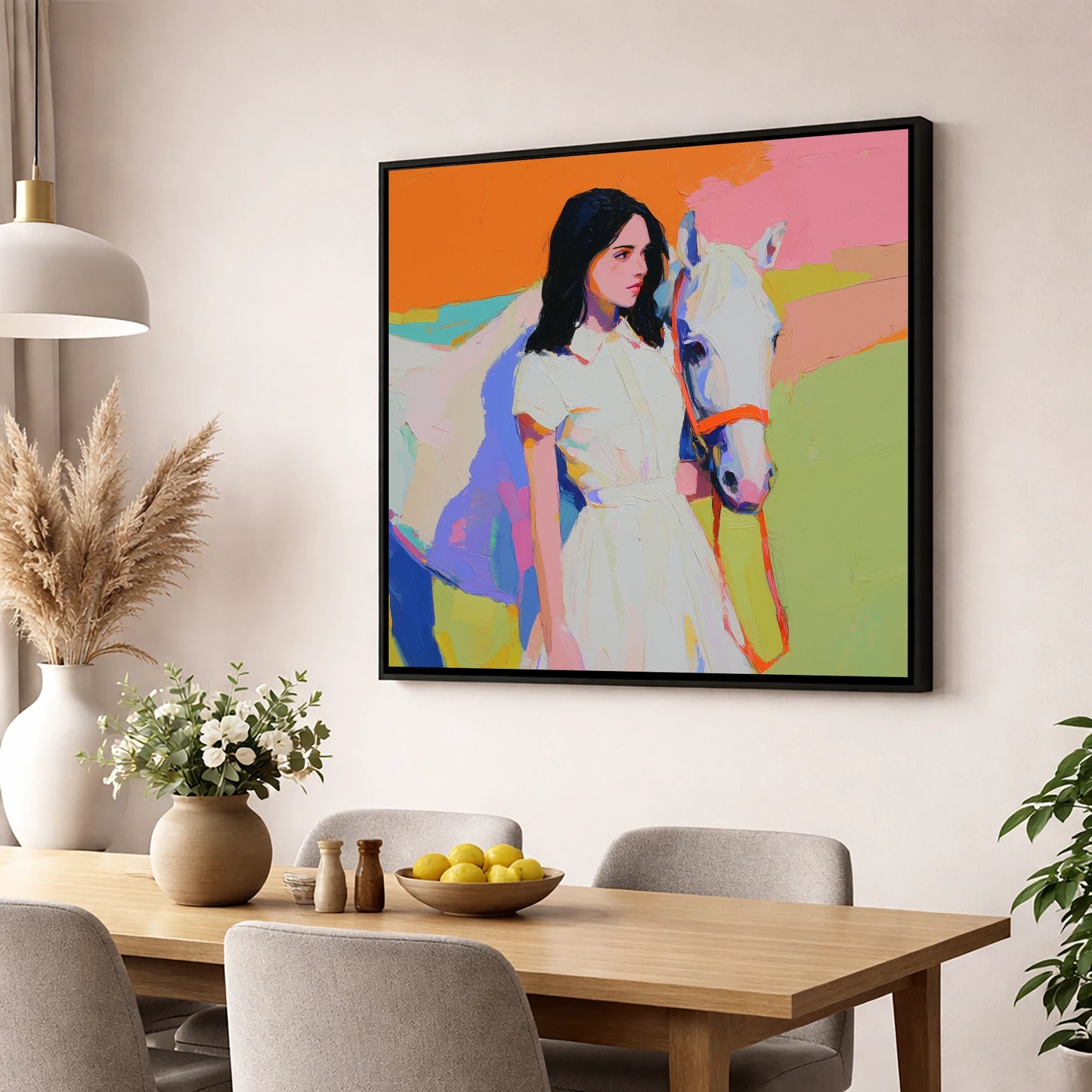 Painted Summer Bond horse & rider wall art displayed in a dining room