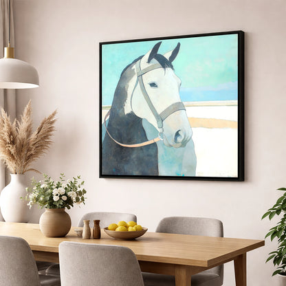 Modern Working Grey working horse wall art displayed in a dining room