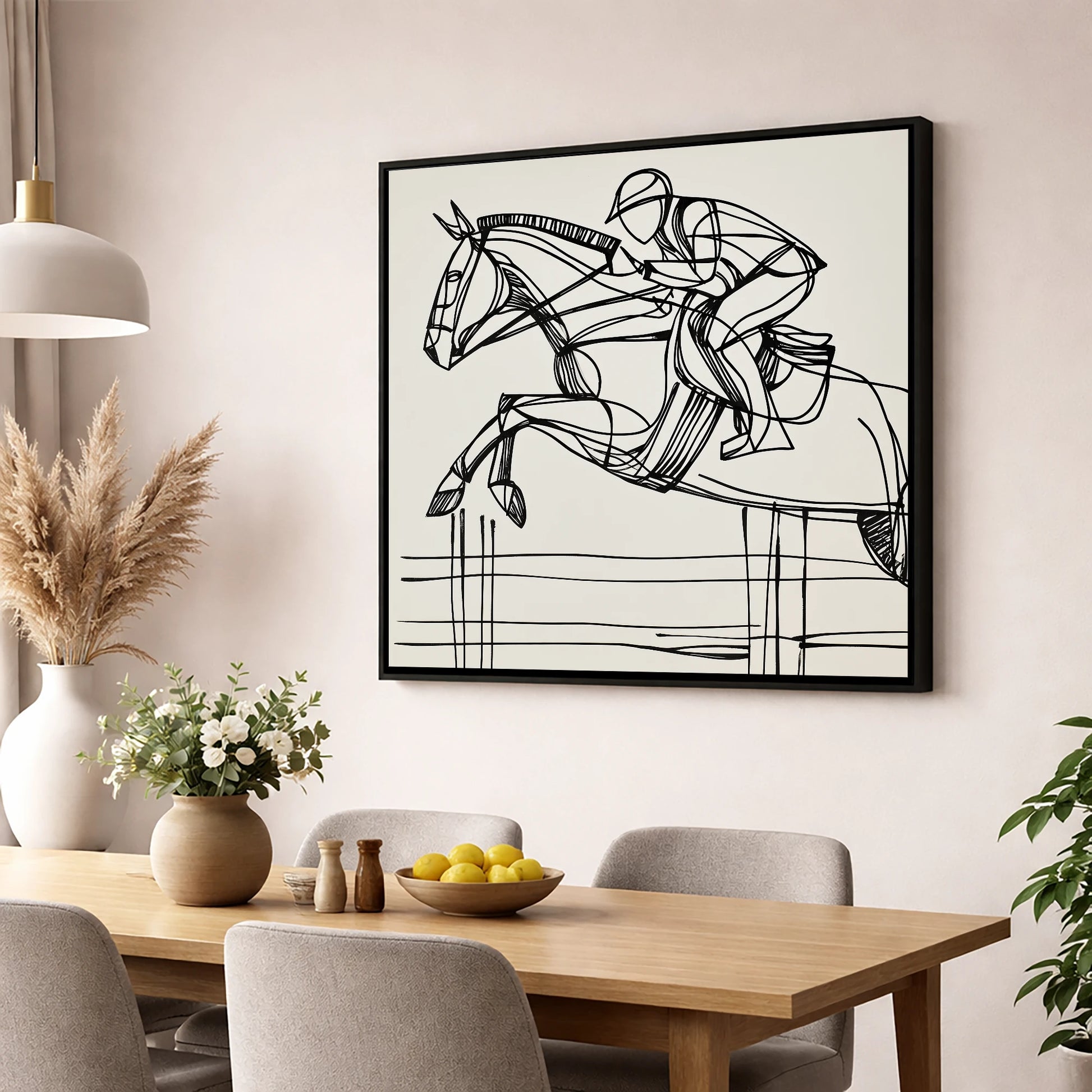 The Perfect Arc show jumping horse wall art displayed in a dining room