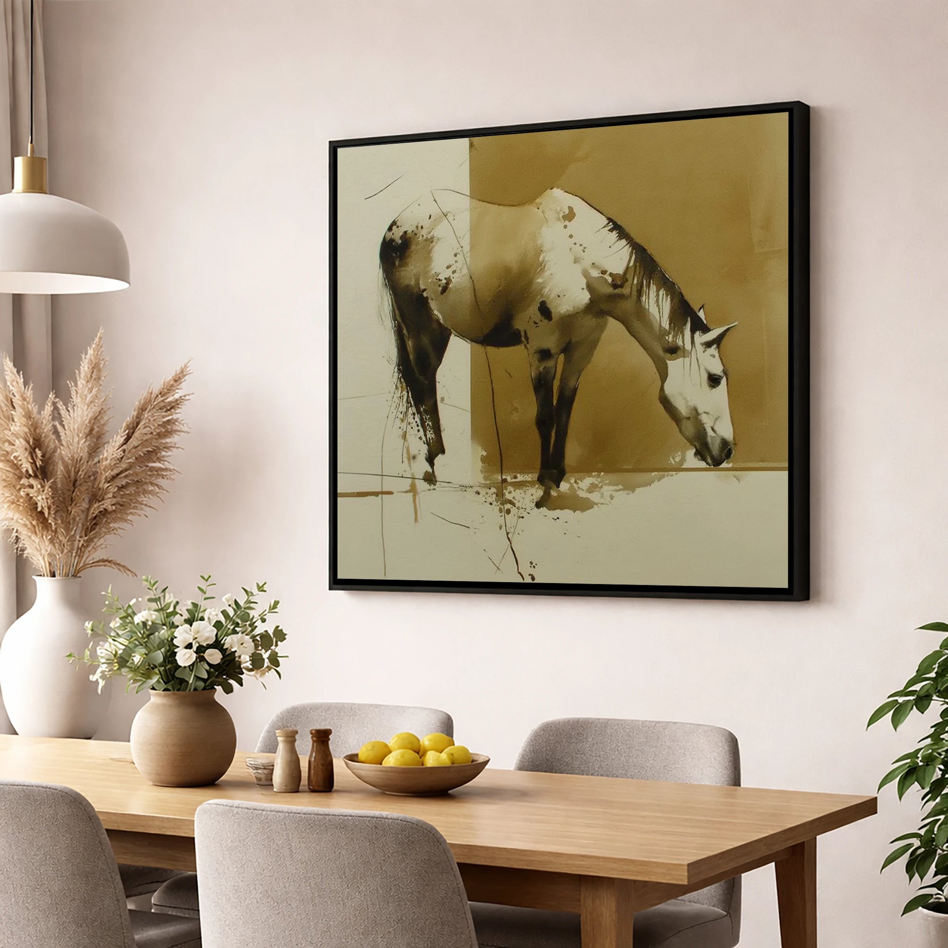 Sepia Ink Appaloosa horse breed wall art displayed in a dining room
