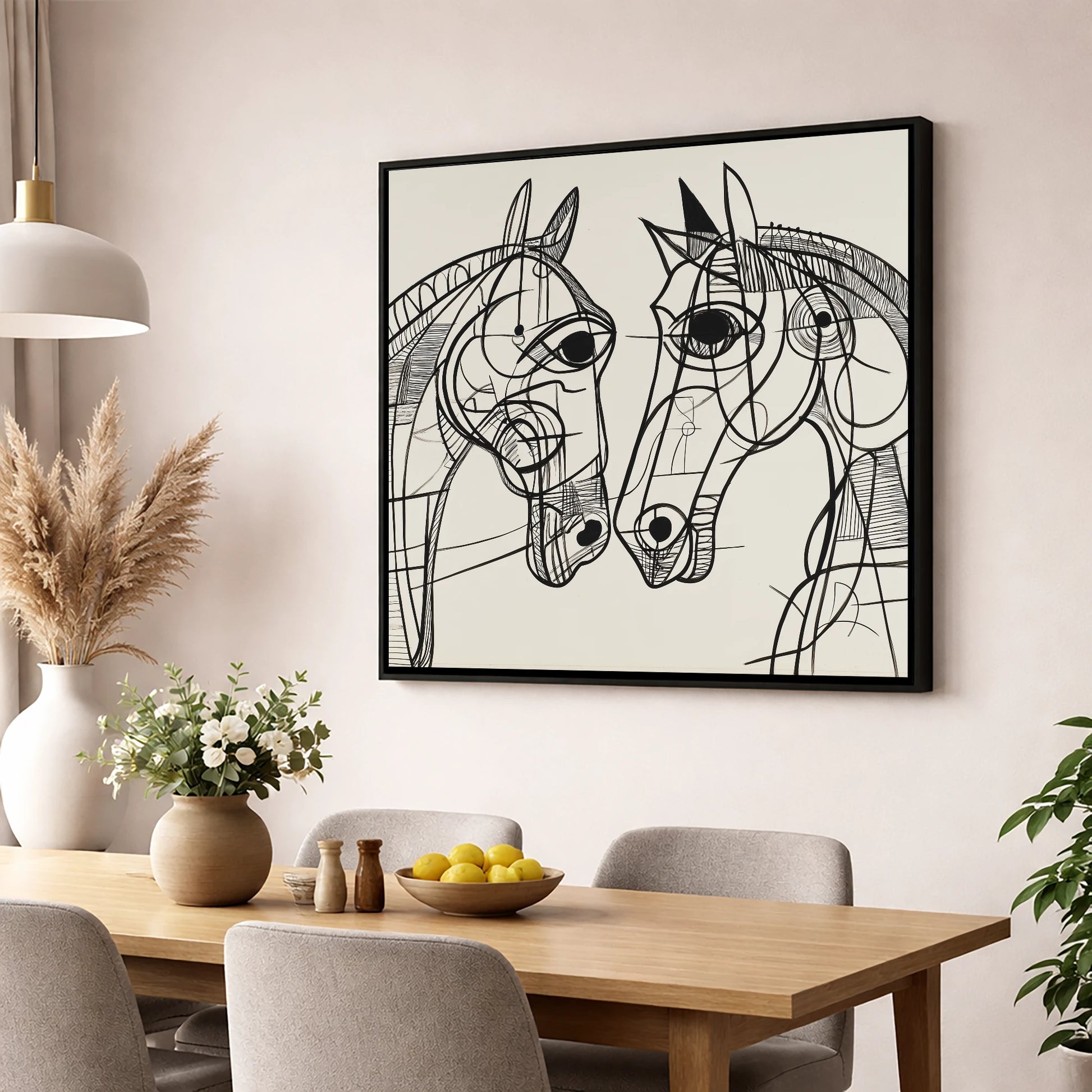 Structural Equine Bond horse portrait wall art displayed in a dining room