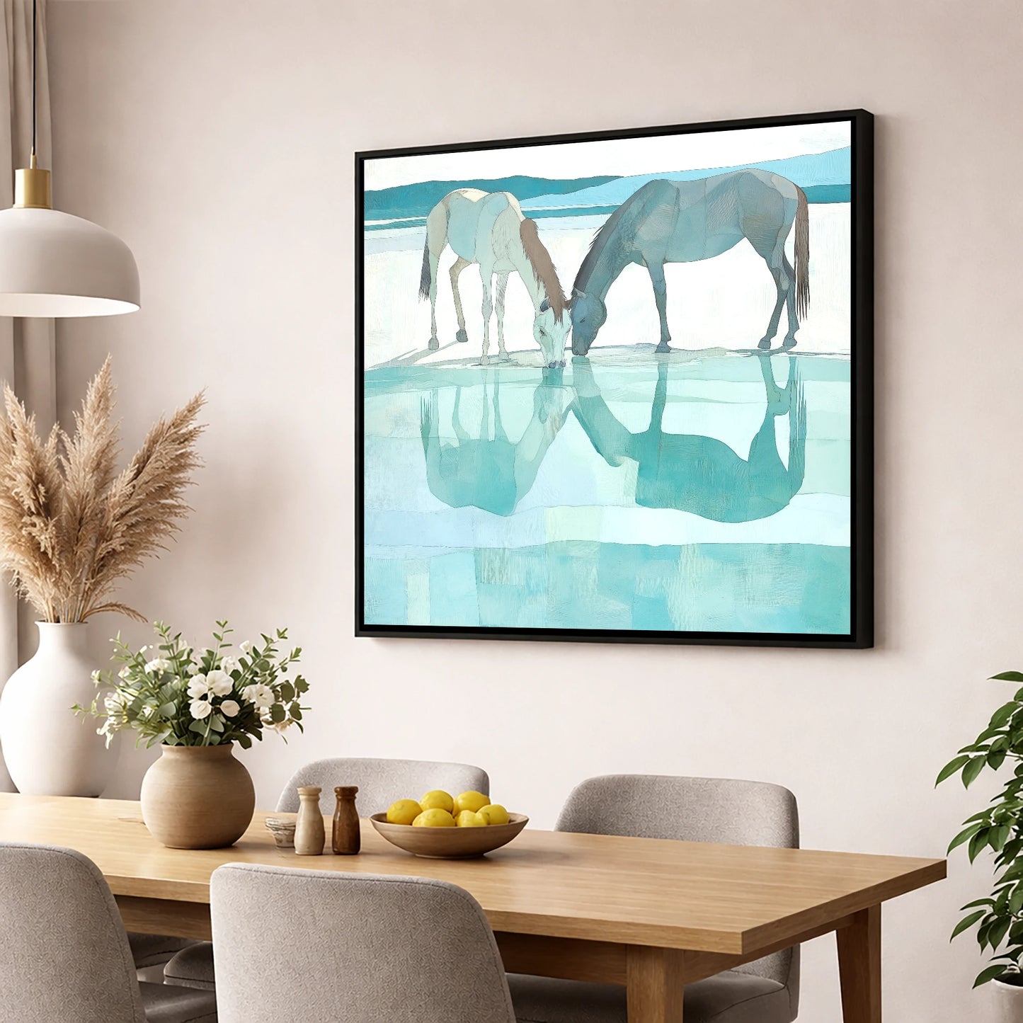 Mirrored Serenity wild horses wall art displayed in a dining room
