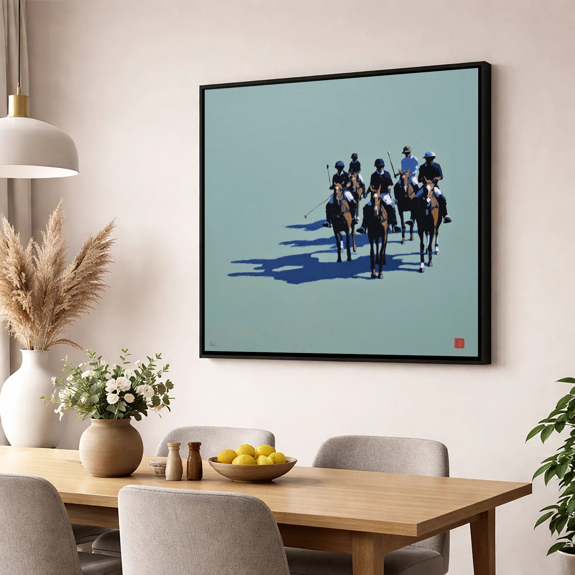 The Polo Approach polo horse wall art displayed in a dining room