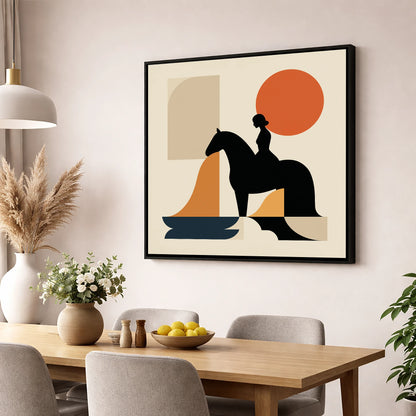 Abstract Equestrian Silhouette horse & rider wall art displayed in a dining room